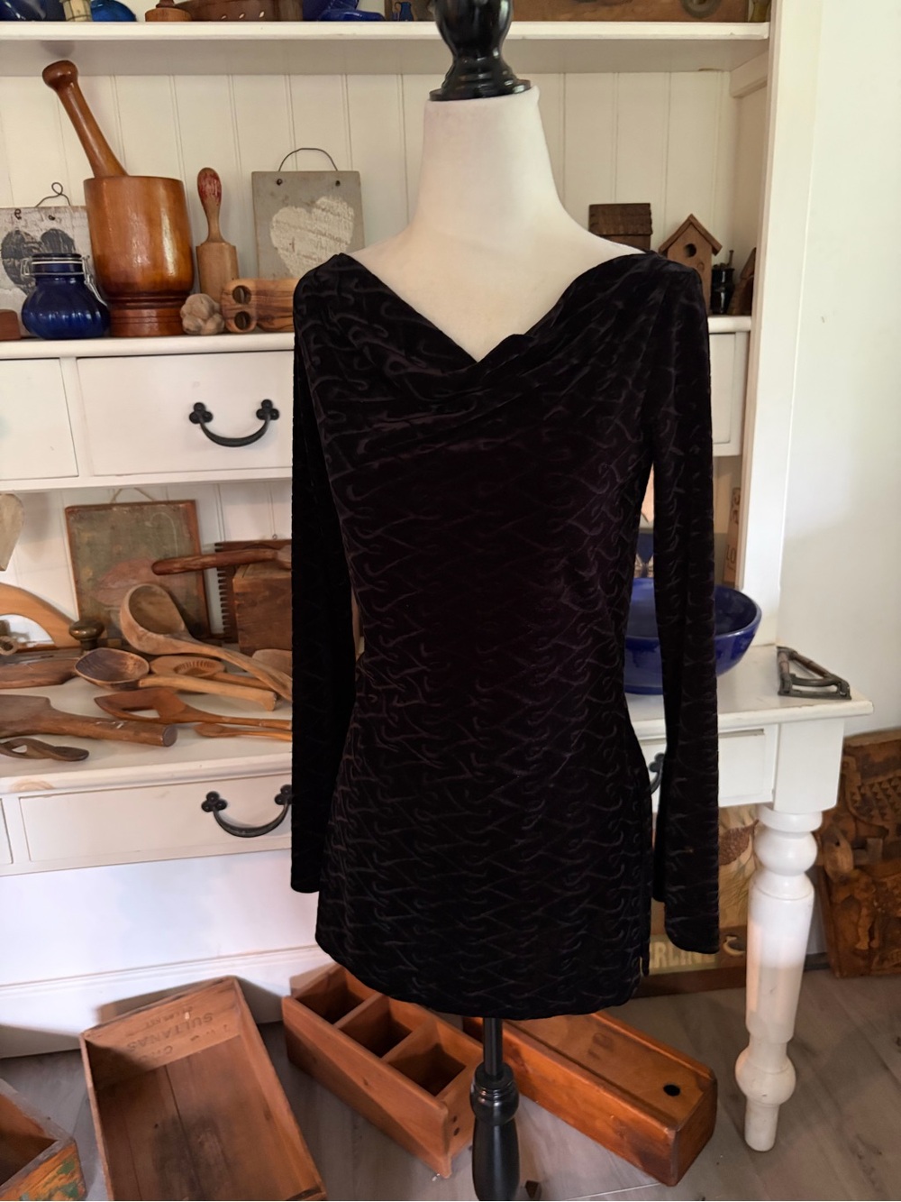 Bisou Bisou Black Velvet Long-Sleeve Cowl Neck Blouse